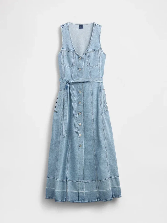 Denim Tie-Belt Button-Front Maxi Dress
