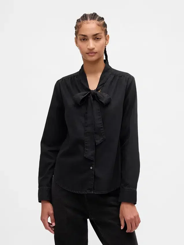 Denim Tie-Neck Shirt