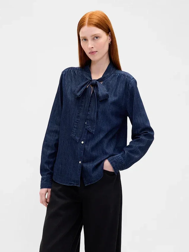 Denim Tie-Neck Shirt