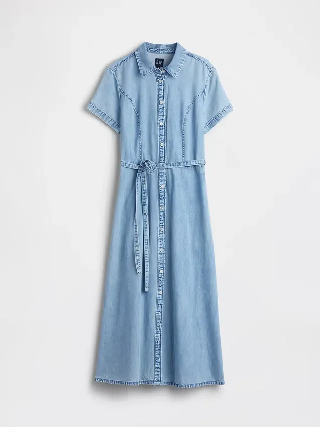 Denim Tie-Waist Midi Shirtdress