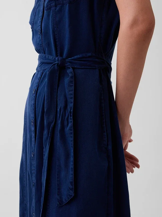 Denim Tie-Waist Utility Midi Dress