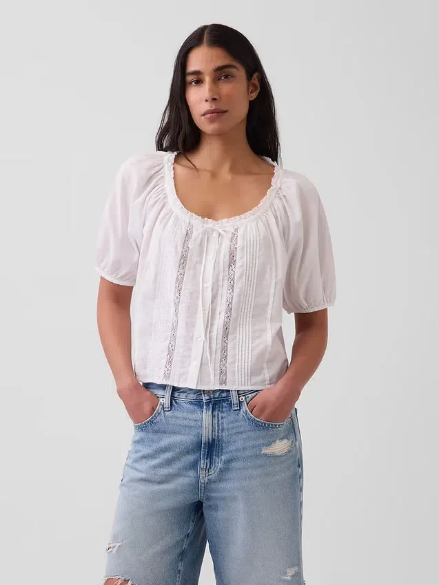 Elbow-Sleeve Crop Pintuck Top