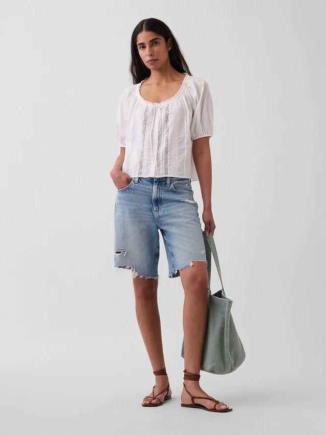 Elbow-Sleeve Crop Pintuck Top