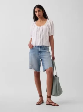 Elbow-Sleeve Crop Pintuck Top
