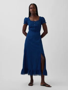 Embroidered Puff-Sleeve Maxi Dress