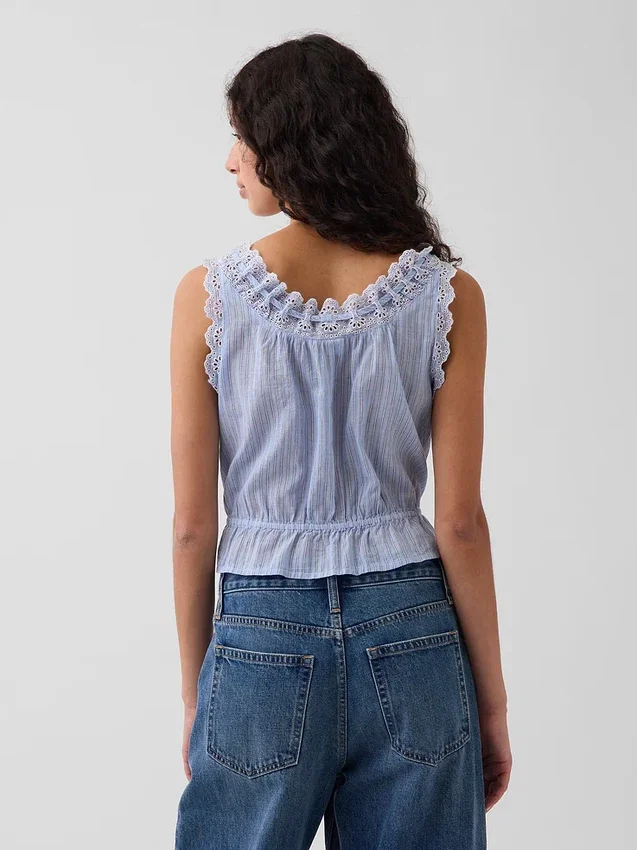 Eyelet Tie-Front Crop Peplum Top