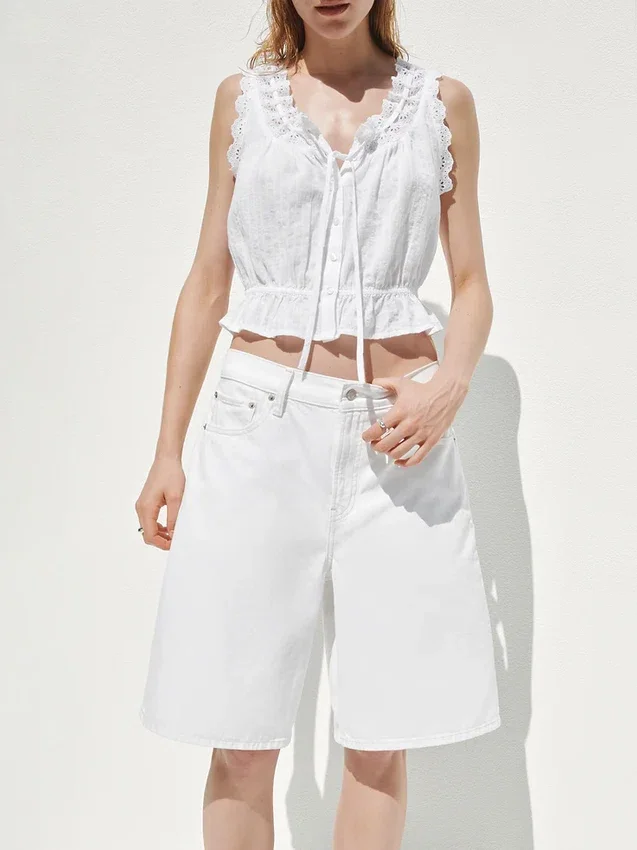 Eyelet Tie-Front Crop Peplum Top