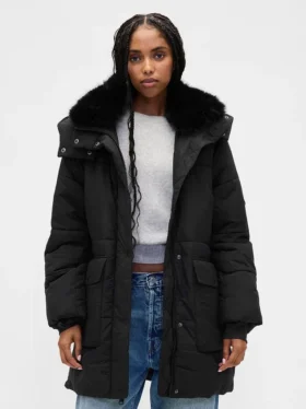 Faux Fur-Trim Midi Puffer Jacket