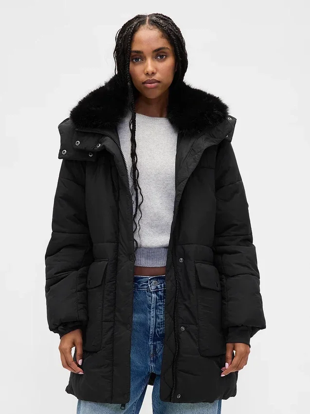 Faux Fur-Trim Midi Puffer Jacket