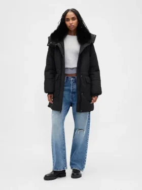 Faux Fur-Trim Midi Puffer Jacket