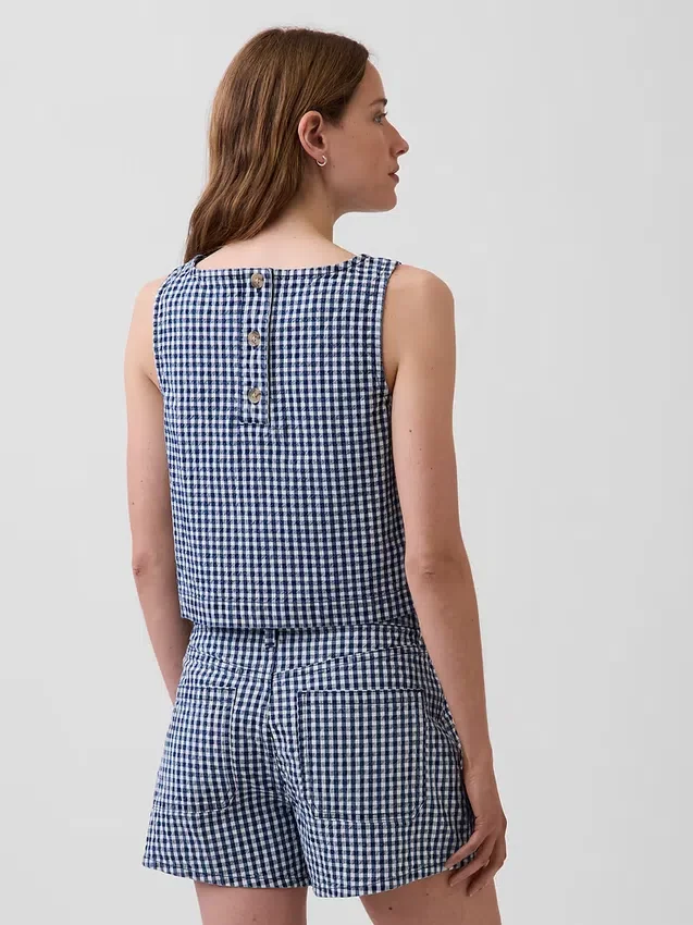 Gingham Denim Crop Shell Tank Top