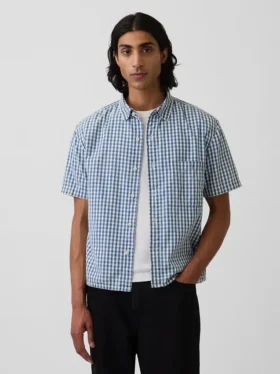 Gingham Denim Relaxed Straight-Hem Shirt