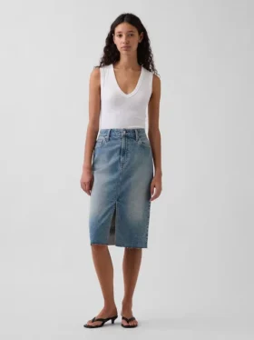 High Rise Denim Midi Pencil Skirt
