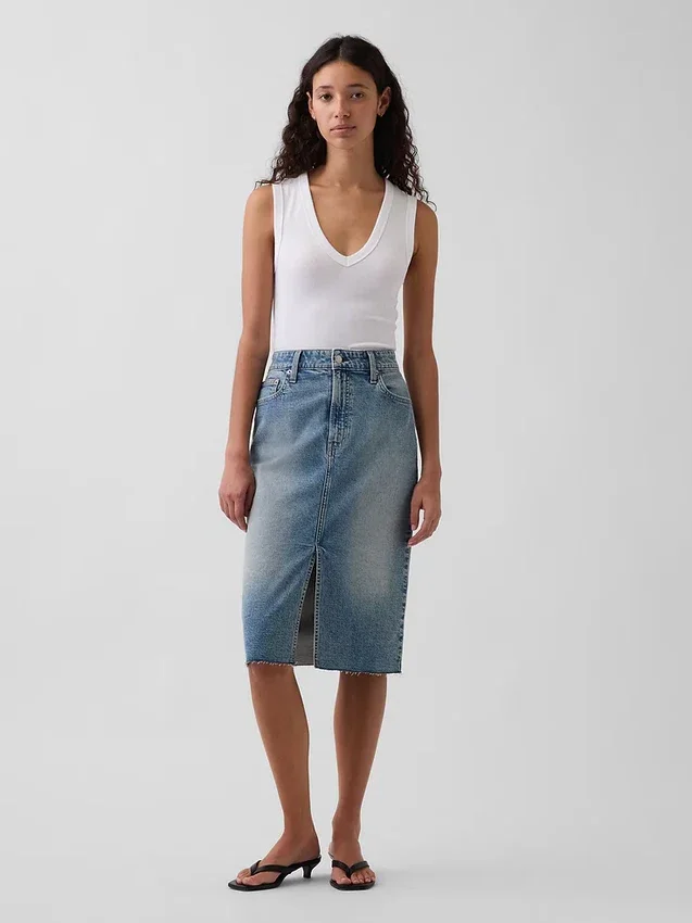 High Rise Denim Midi Pencil Skirt