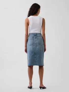 High Rise Denim Midi Pencil Skirt