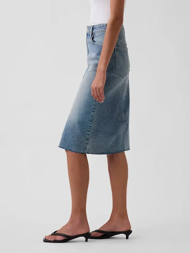 High Rise Denim Midi Pencil Skirt