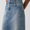 High Rise Denim Midi Pencil Skirt