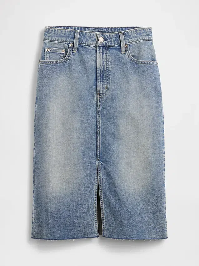 High Rise Denim Midi Pencil Skirt
