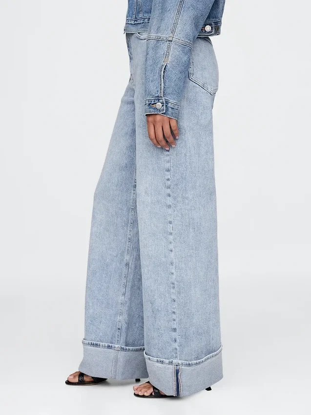 High Rise Stride Cuffed Wide-Leg Jeans
