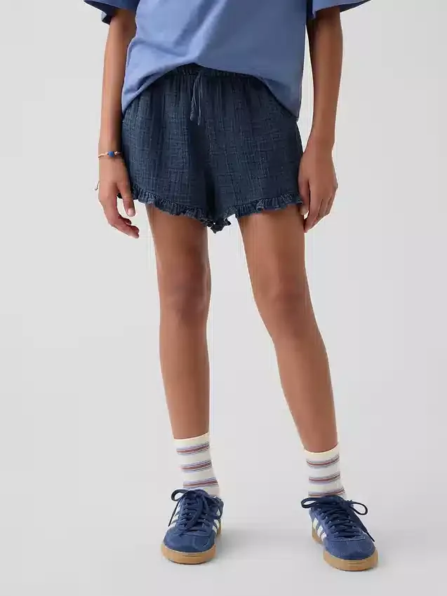 Kids Cotton Gauze Denim Easy Ruffle Shorts