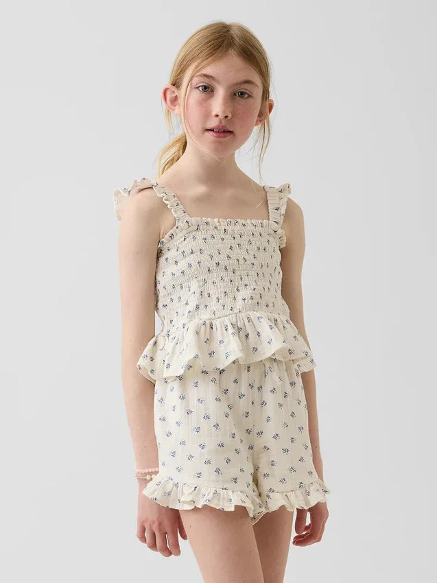 Kids Cotton Gauze Smocked Peplum Top