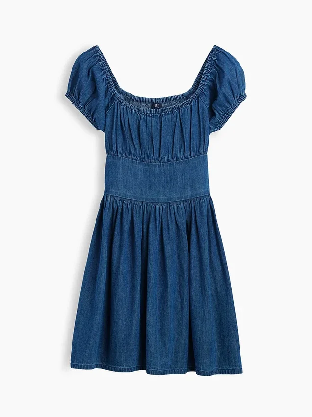 Kids Denim Puff-Sleeve Mini Dress