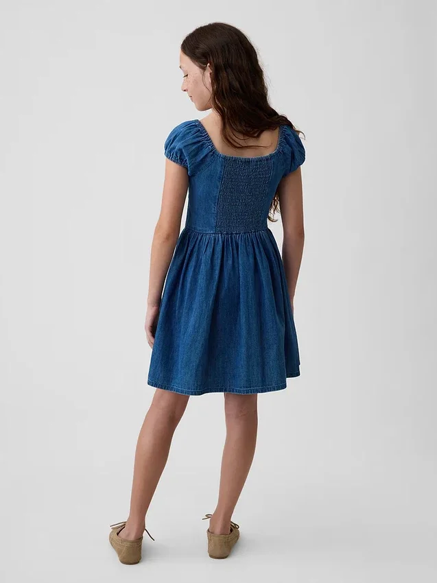 Kids Denim Puff-Sleeve Mini Dress