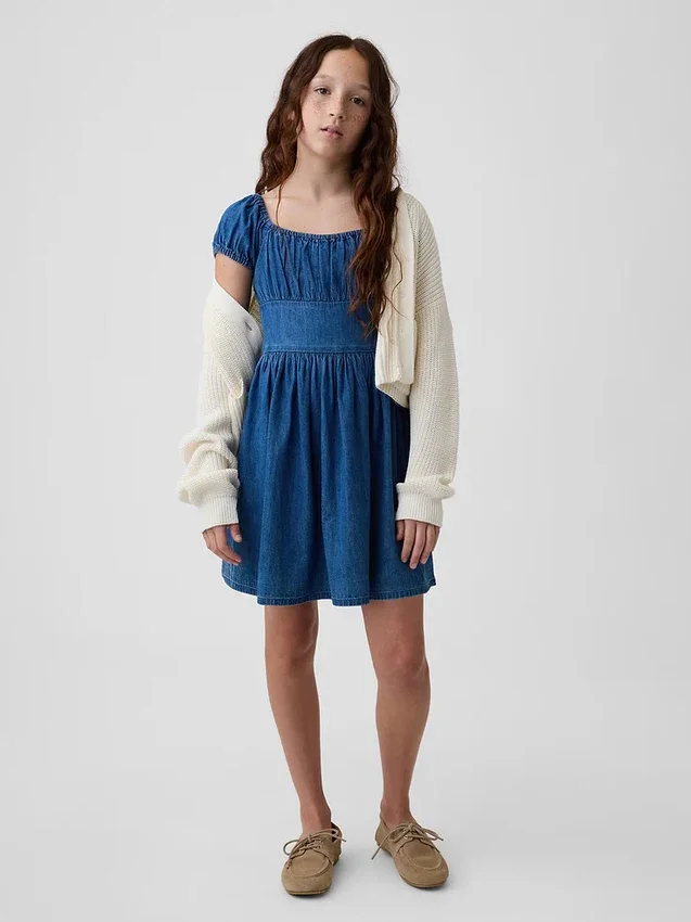 Kids Denim Puff-Sleeve Mini Dress