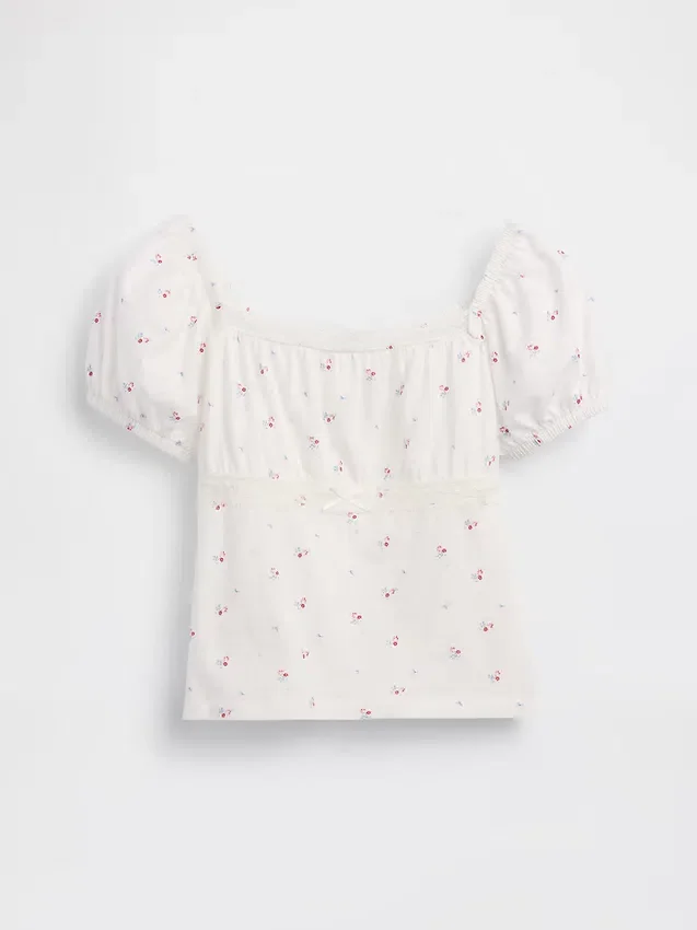 Kids Lace-Trim Puff-Sleeve Top