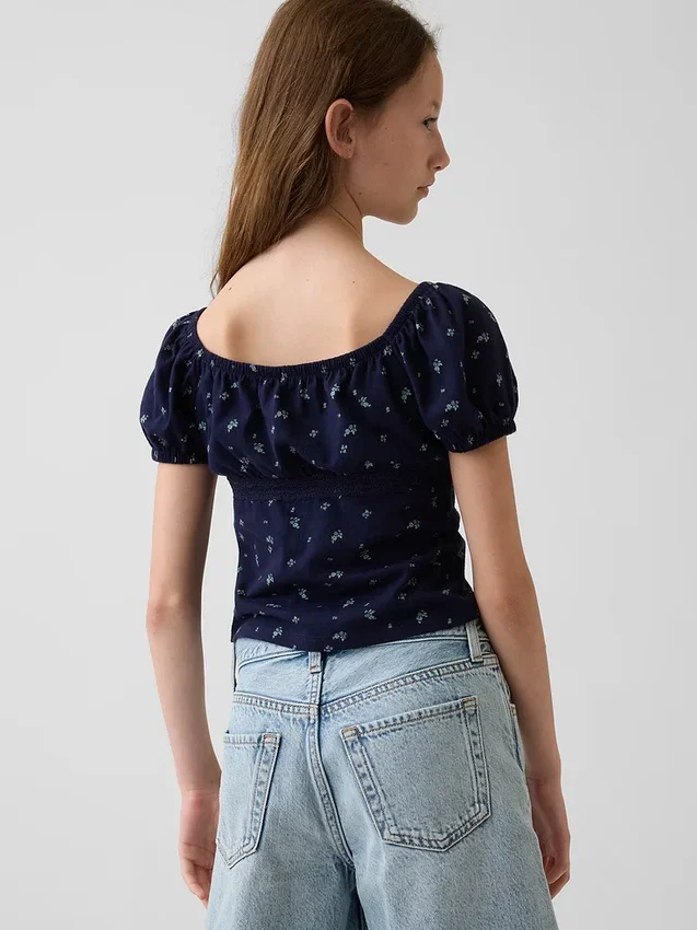 Kids Lace-Trim Puff-Sleeve Top