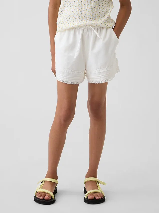 Kids Linen-Cotton Lace-Trim Easy Shorts