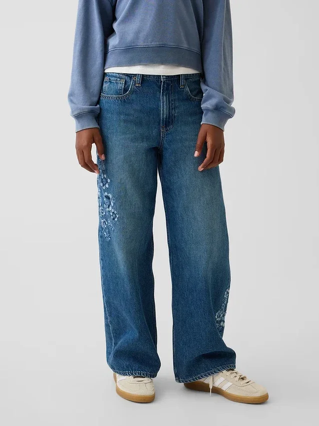 Kids Low Rise Stride Embroidered Floral Wide-Leg Jeans