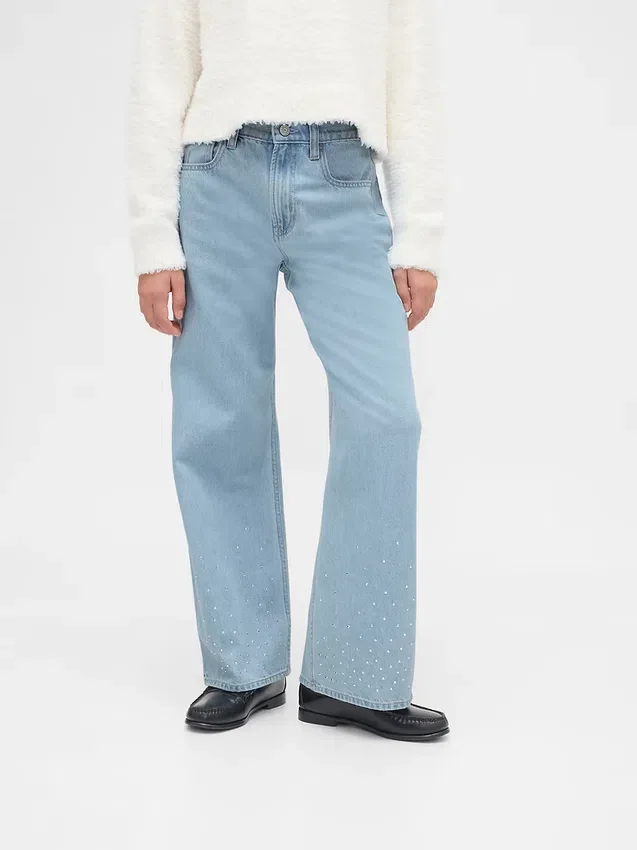 Kids Low Rise Stride Rhinestone Wide-Leg Jeans