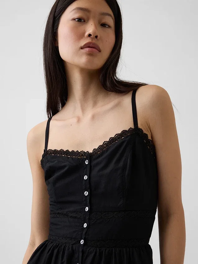 Lace-Trim Button-Front Maxi Dress