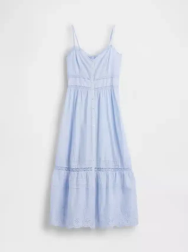 Lace-Trim Button-Front Maxi Dress
