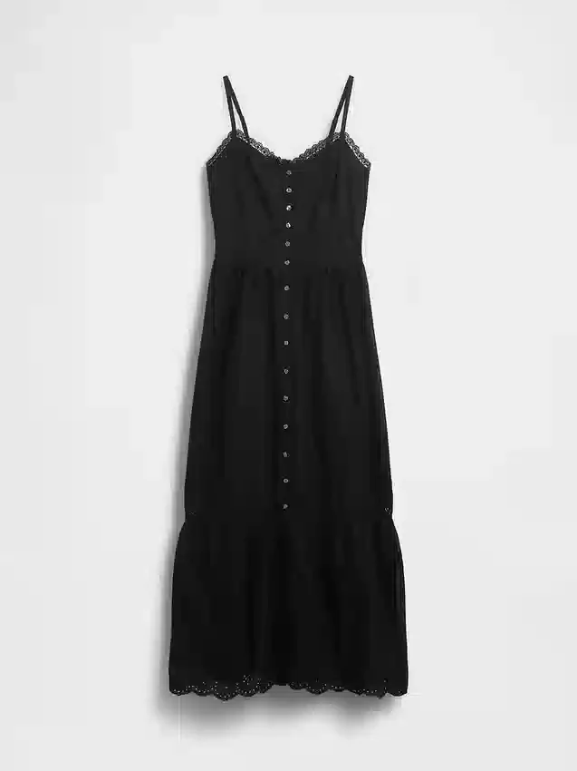Lace-Trim Button-Front Maxi Dress