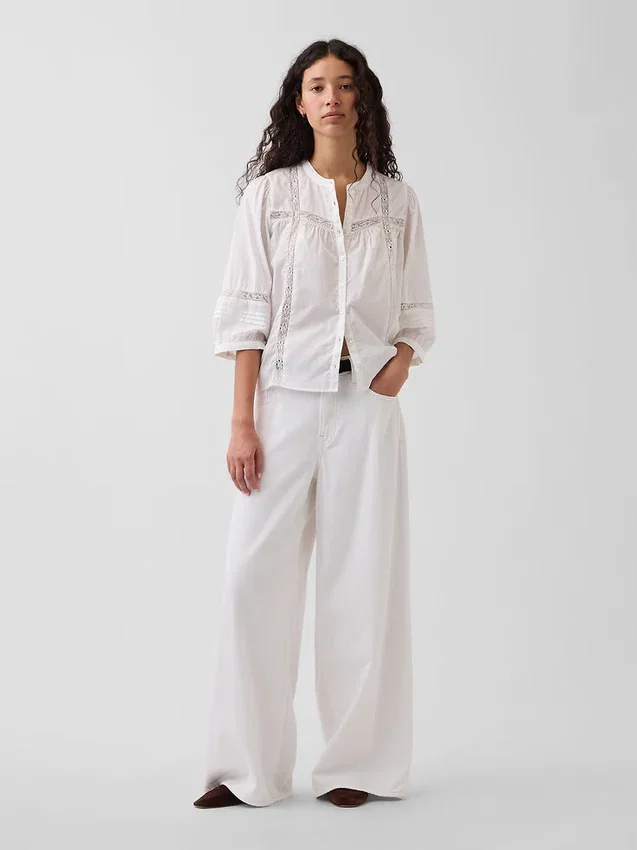 Lace-Trim Button-Front Swing Top