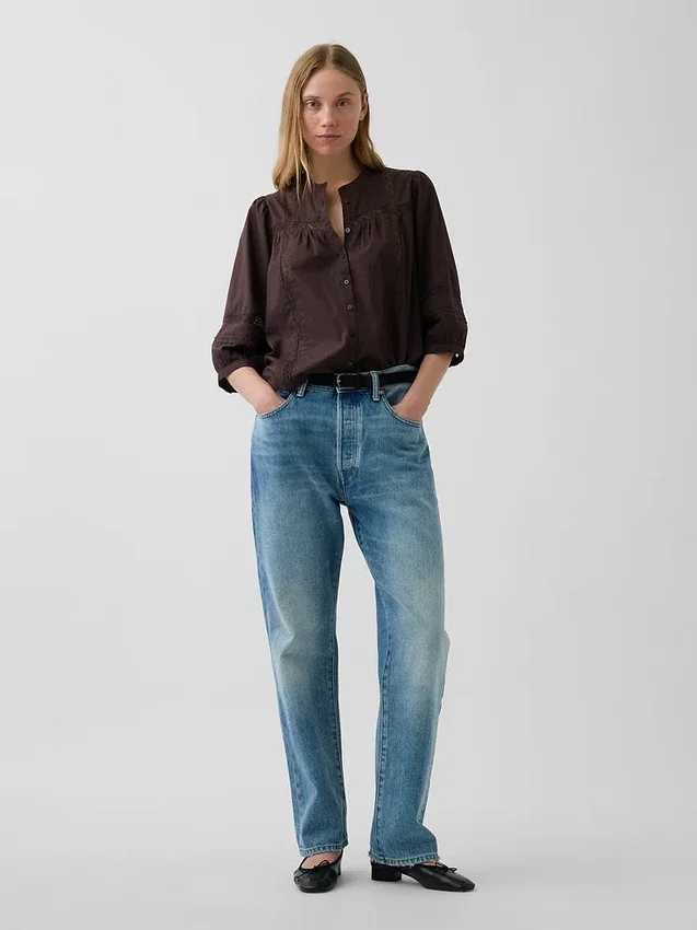 Lace-Trim Button-Front Swing Top