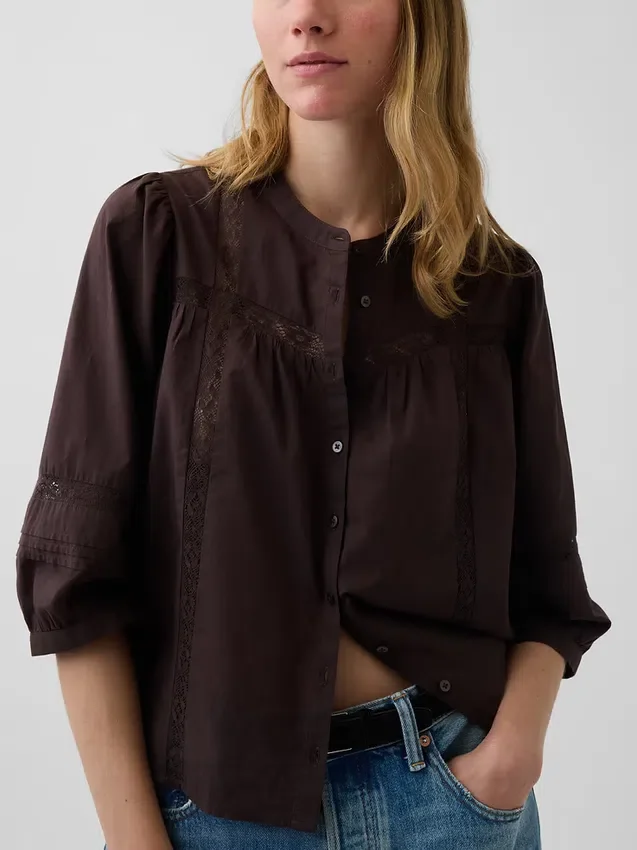Lace-Trim Button-Front Swing Top