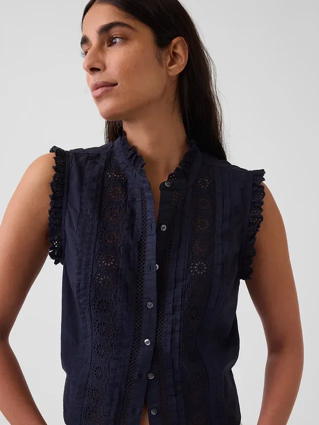 Lace-Trim Pintuck Button-Front Top