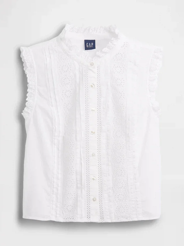 Lace-Trim Pintuck Button-Front Top