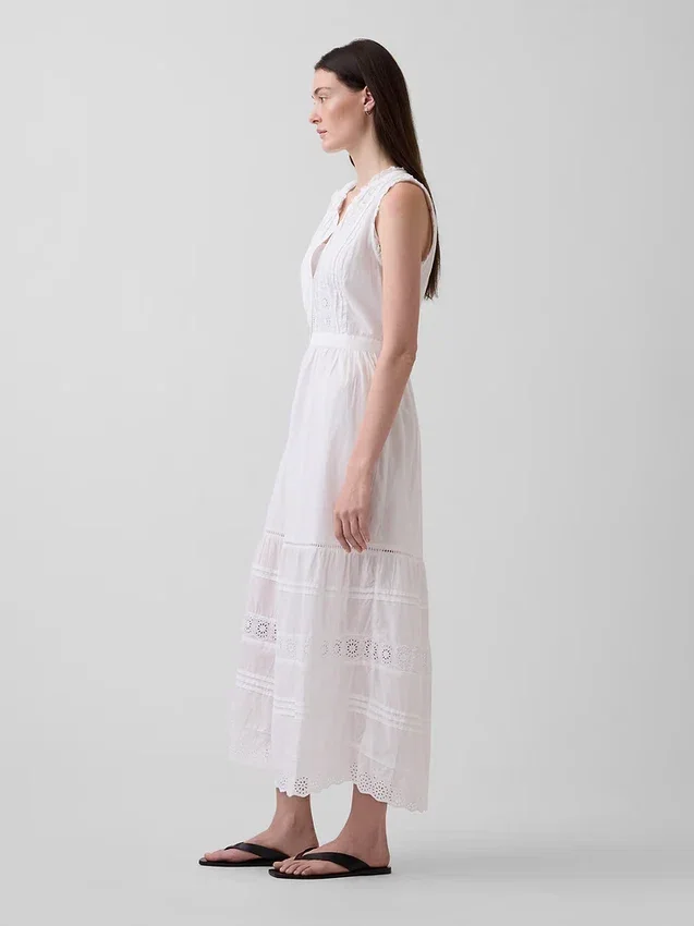 Lace-Trim Tiered Midi Shirtdress