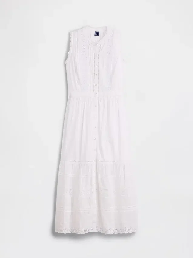 Lace-Trim Tiered Midi Shirtdress