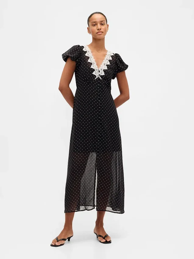 Lace-Trim V-Neck Maxi Dress