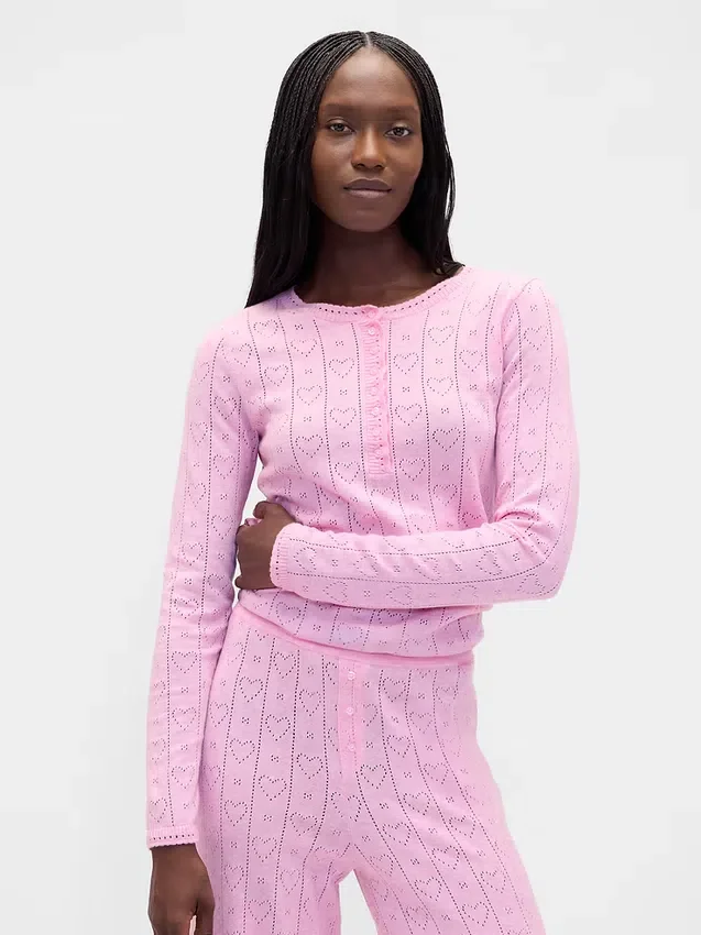 Lightweight Cashsoft Pointelle Heart Pj Top