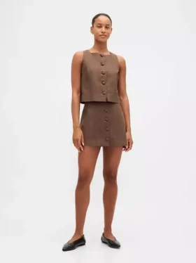 Linen-Blend Button-Front Mini Skort