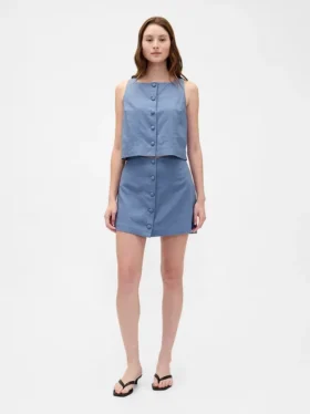 Linen-Blend Button-Front Mini Skort