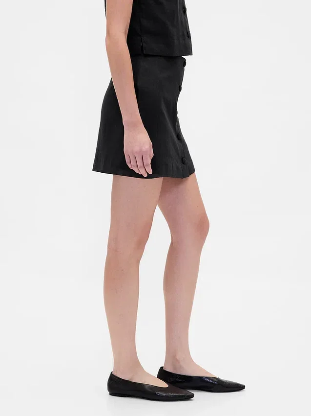 Linen-Blend Button-Front Mini Skort