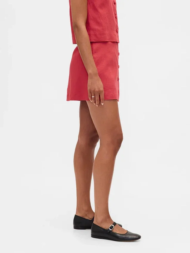Linen-Blend Button-Front Mini Skort