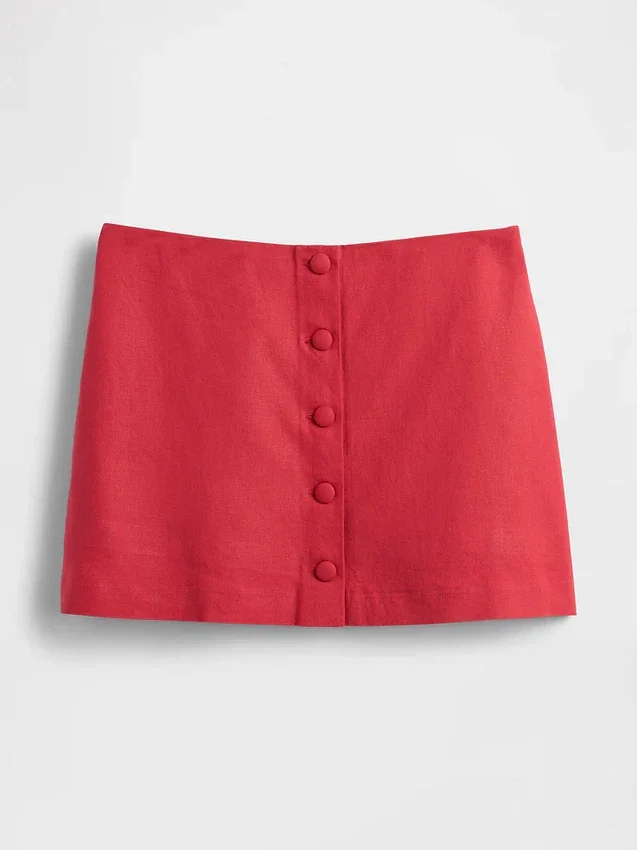 Linen-Blend Button-Front Mini Skort